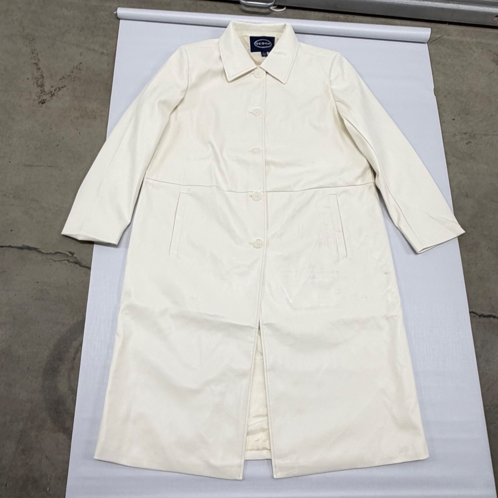 Scoop Faux Leather Trench Coat Cream Off White Longline Button Jacket L DIRTY